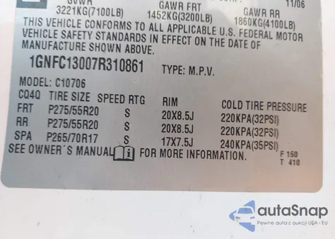 2007 Chevrolet Tahoe Lt из США, поврежденный, VIN 1GNFC13007R310861